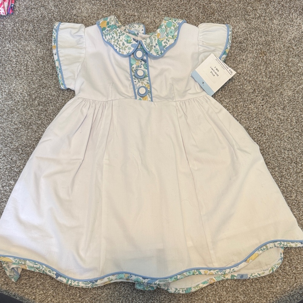 bella bliss White Dress with Blue Floral Trim